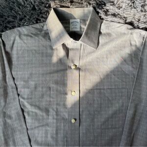 Brooks Brothers Plaid Button Down Dress Shirt | Gray Collared Slim Fit 16-35